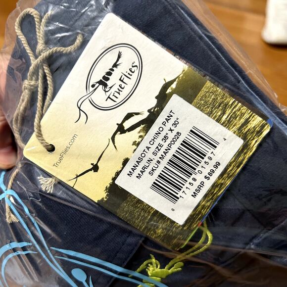 TrueFlies Manasota Chino Pant Marlin Navy Mens Size 38" x 30" NWT NEW - Picture 1 of 2